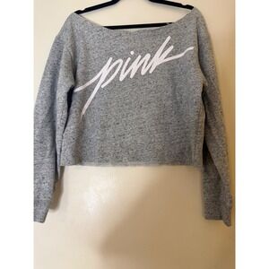 Pink by Victoria Secret Grey Speckled Cropped Sweatshirt Off Shoulder Raw Hem me